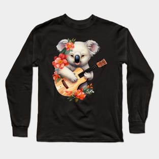 Koala Playing Guitar Floral Aesthetic Long Sleeve T-Shirt